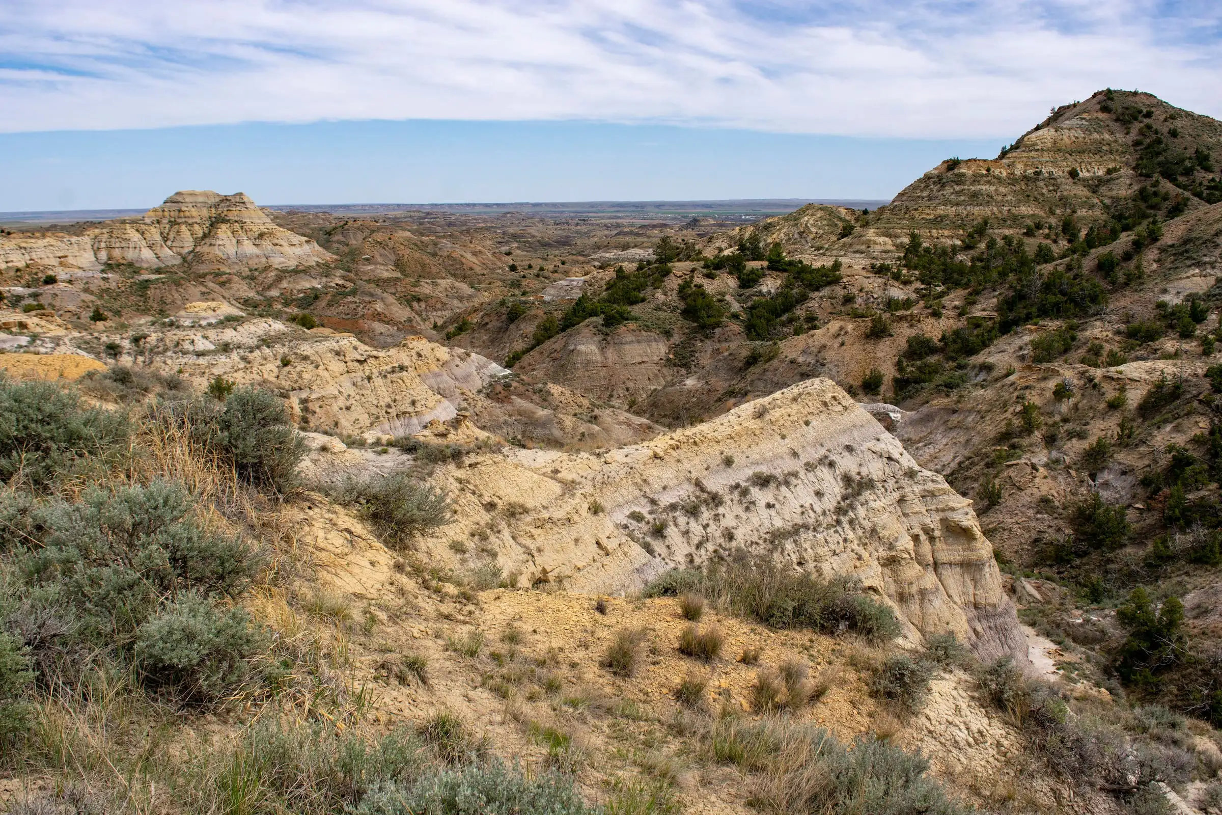 Pale sandstone gullies and grassy buttes in the Terry Badlands under a wide sky
